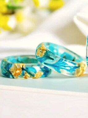 Handmade Turquoise & Gold Foil Flake Botanical Resin Statement Ring Band